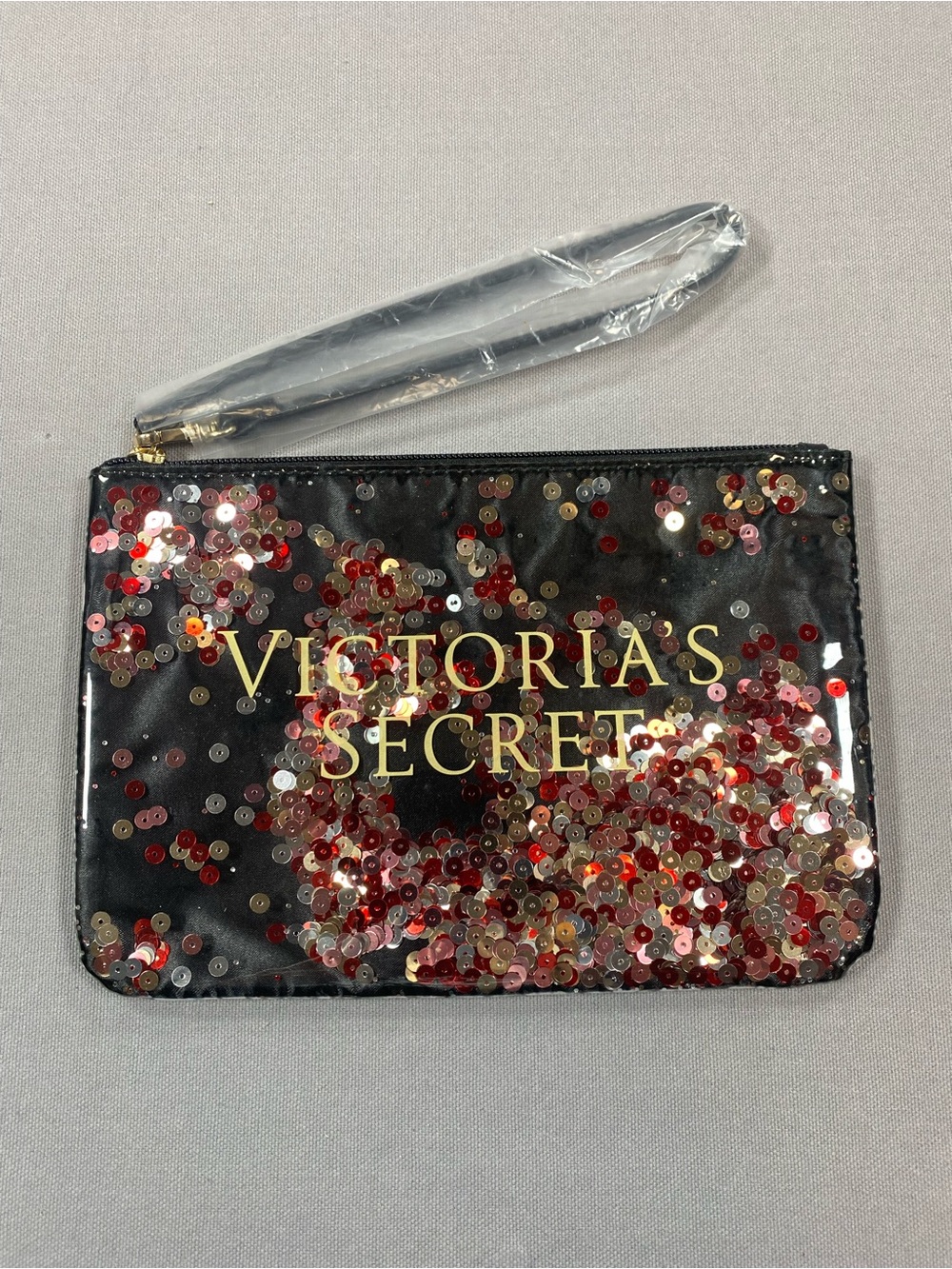 Victoria's Secret Black Sequin Wristlet with Red & Gold Accents